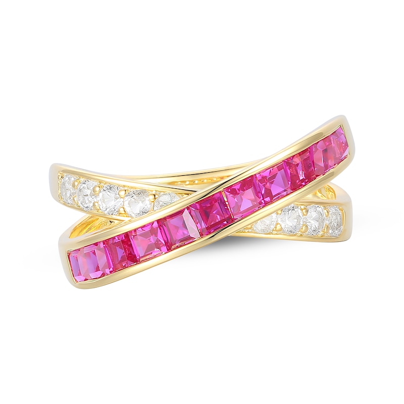 Main Image 1 of Square-Cut Lab-Created Ruby & White Lab-Created Sapphire Crossover Ring 10K Yellow Gold