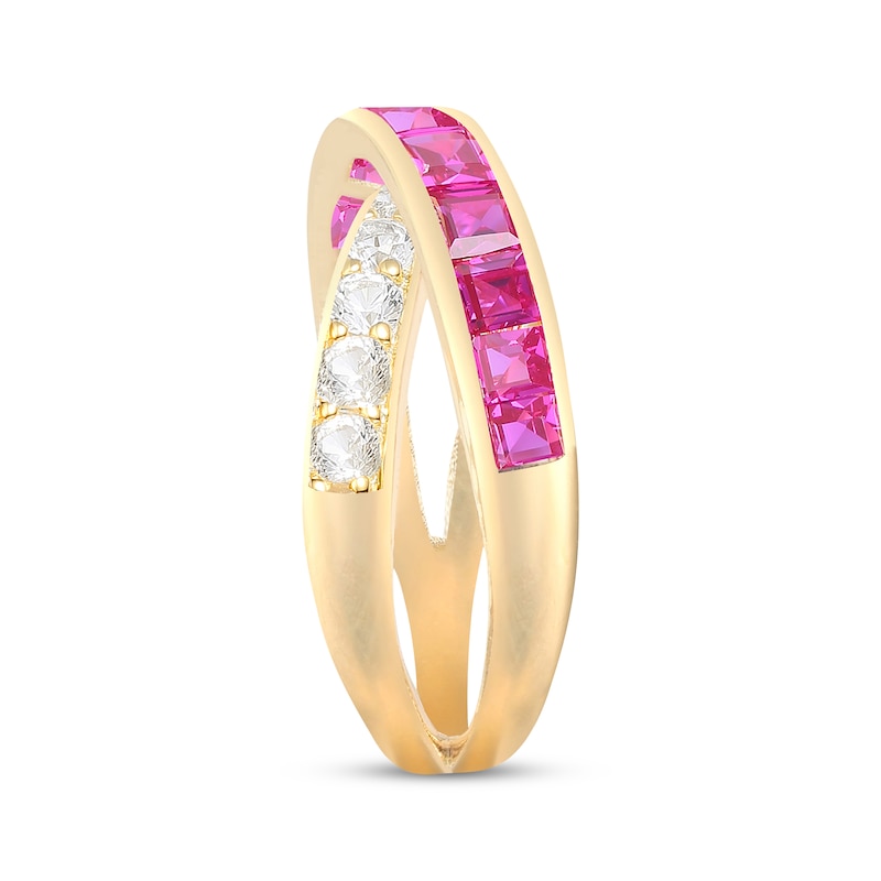 Main Image 2 of Square-Cut Lab-Created Ruby & White Lab-Created Sapphire Crossover Ring 10K Yellow Gold