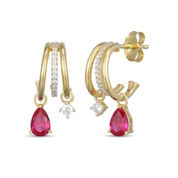 STUDIO BY KAY Pear-Shaped Lab-Created Ruby & Lab-Grown Diamond Split J-Hoop Earrings 1/5 ct tw 24K Yellow Gold Vermeil Sterling Silver