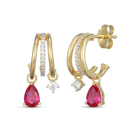 KAY x Rocksbox Pear-Shaped Lab-Created Ruby & Lab-Grown Diamond Split J-Hoop Earrings 1/5 ct tw 24K Yellow Gold Vermeil Sterling Silver