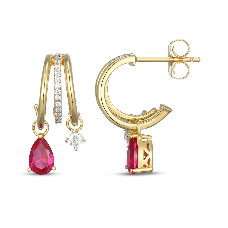 Main Image 3 of KAY x Rocksbox Pear-Shaped Lab-Created Ruby & Lab-Grown Diamond Split J-Hoop Earrings 1/5 ct tw 24K Yellow Gold Vermeil Sterling Silver