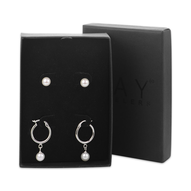 Main Image 4 of Cultured Pearl Dangle Hoop & Stud Earrings Set Sterling Silver