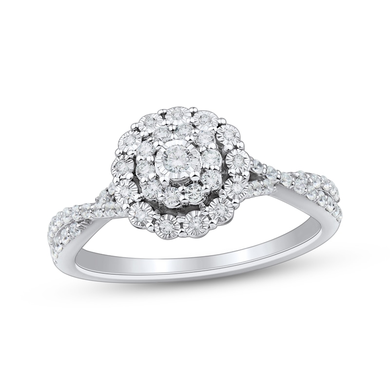 Main Image 1 of Round-Cut Diamond Double Halo Engagement Ring 1/3 ct tw 10K White Gold
