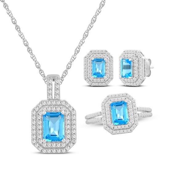 Octagon-Cut Swiss Blue Topaz & White Lab-Created Sapphire Double Halo Gift Set Sterling Silver