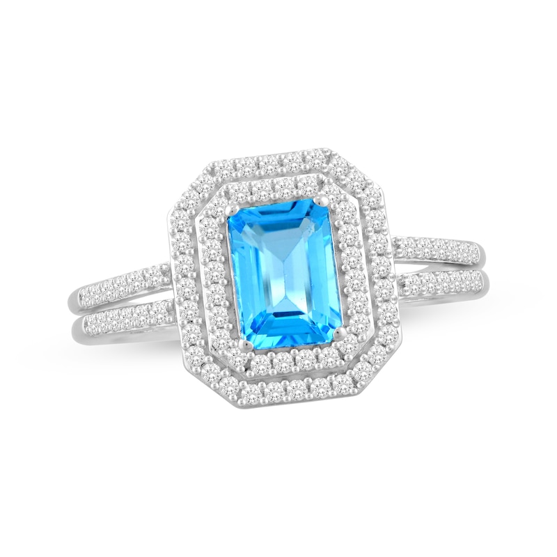 Main Image 3 of Octagon-Cut Swiss Blue Topaz & White Lab-Created Sapphire Double Halo Gift Set Sterling Silver