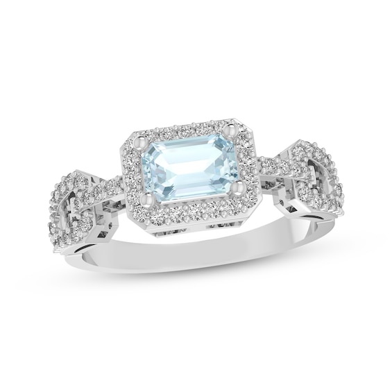 Octagon-Cut Aquamarine & White Lab-Created Sapphire Link Ring Sterling Silver