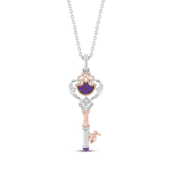 Disney Treasures Alice in Wonderland Amethyst & Diamond Accent Key Necklace Sterling Silver & 10K Rose Gold 17"