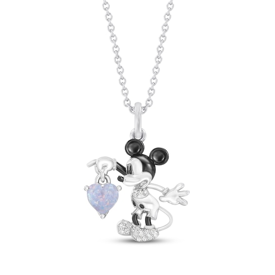 Disney Treasures Mickey Mouse Heart-Shaped Lab-Created Opal & Diamond Necklace 1/20 ct tw Sterling Silver 19"