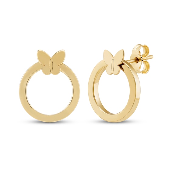 Butterfly Open Circle Earrings 14K Yellow Gold