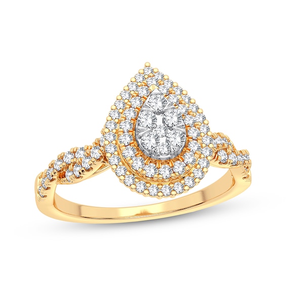 Now + Forever Multi-Diamond Center Pear Twist Engagement Ring 1/3 ct tw Round-cut 10K Yellow Gold