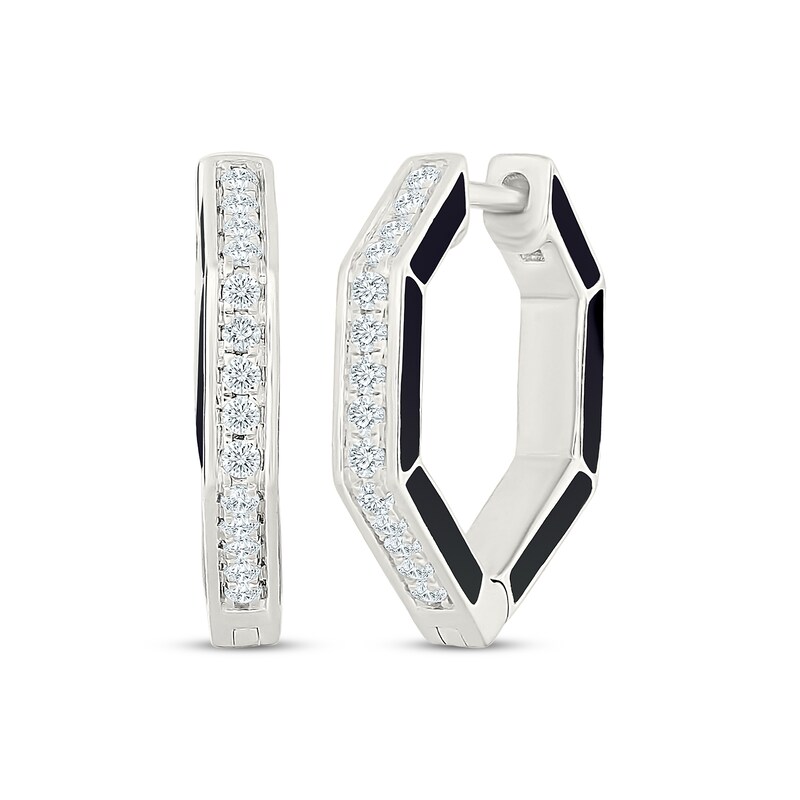 Main Image 1 of KAY Lab-Grown Diamonds Black Enamel Hexagon Hoop Earrings 1/4 ct tw Sterling Silver
