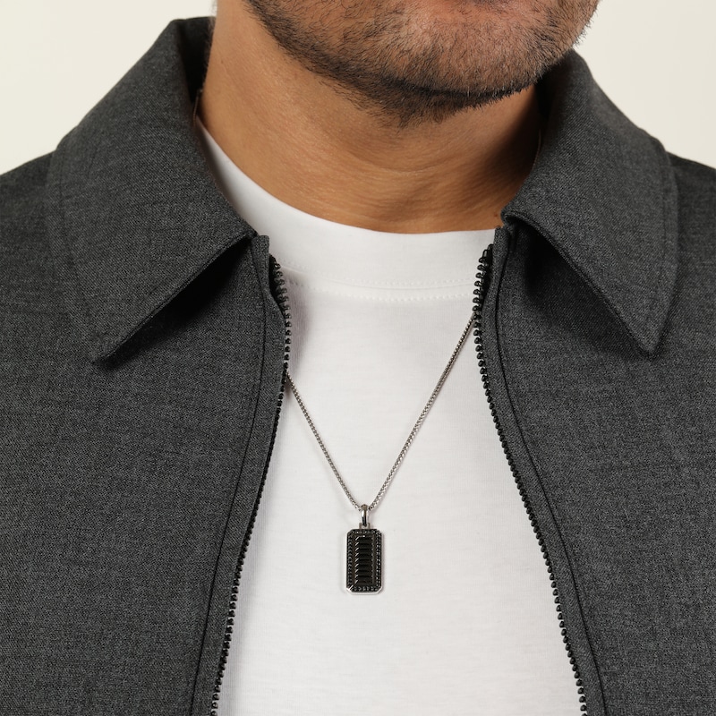 Main Image 5 of Twelve Crowns Men's Natural Black Spinel Textured Tag Necklace Sterling Silver with Black Rhodium Plate 24"