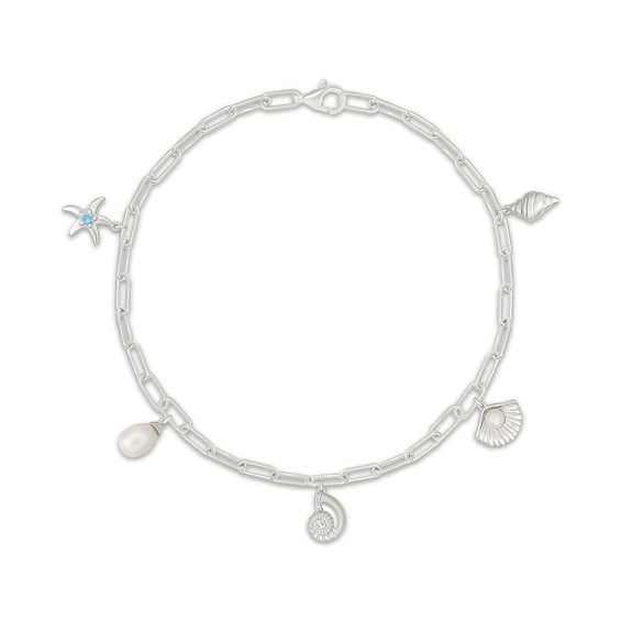 Cultured Pearl, White Lab-Created Sapphire & Swiss Blue Topaz Beach Charm Anklet Sterling Silver 10"