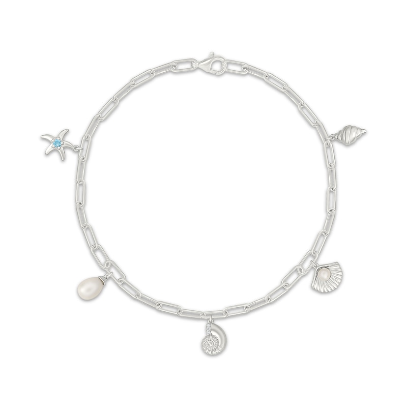 Main Image 1 of Cultured Pearl, White Lab-Created Sapphire & Swiss Blue Topaz Beach Charm Anklet Sterling Silver 10"