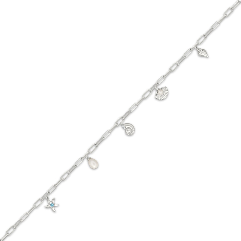 Main Image 2 of Cultured Pearl, White Lab-Created Sapphire & Swiss Blue Topaz Beach Charm Anklet Sterling Silver 10"