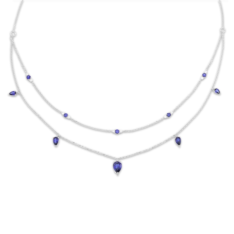 Main Image 2 of Pear-Shaped Blue & White Lab-Created Sapphire Layered Necklace Sterling Silver 18"