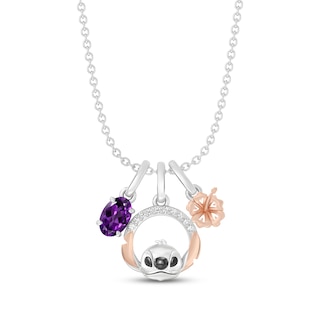 Disney Treasures Lilo & Stitch Oval-Cut Amethyst & Lab-Grown Diamond Charm Necklace 1/20 ct tw Sterling Silver & 18K Rose Gold Vermeil 19"