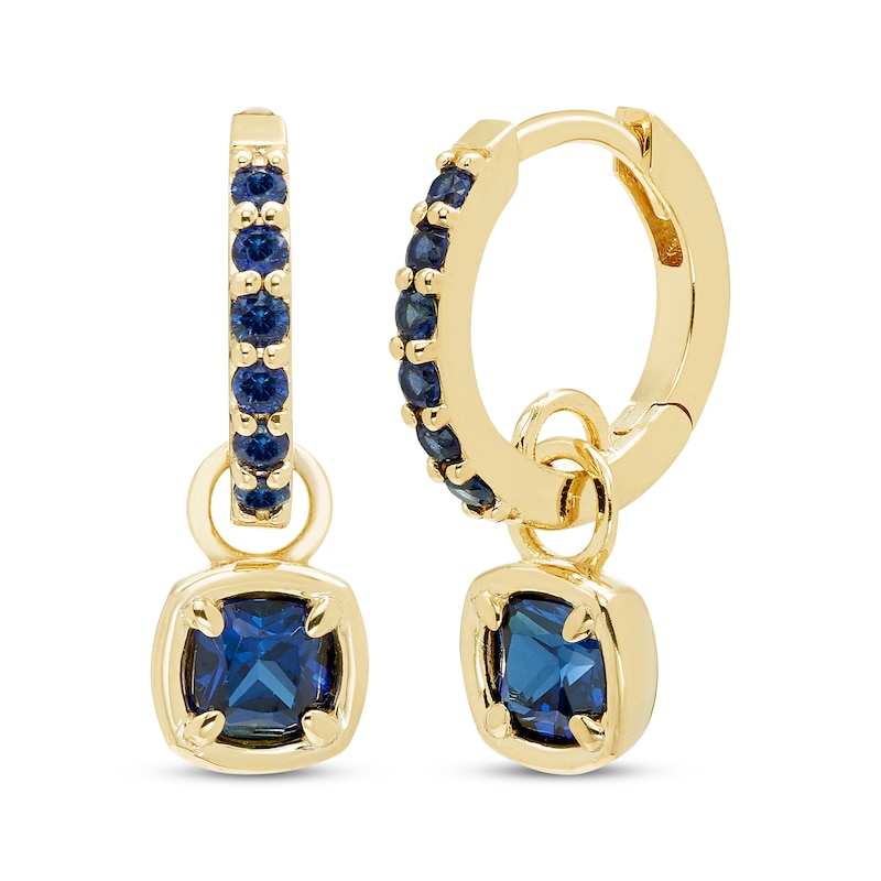 Main Image 1 of STUDIO BY KAY Cushion-Cut Blue Lab-Created Sapphire Hoop Drop Earrings 24K Yellow Gold Vermeil Sterling Silver