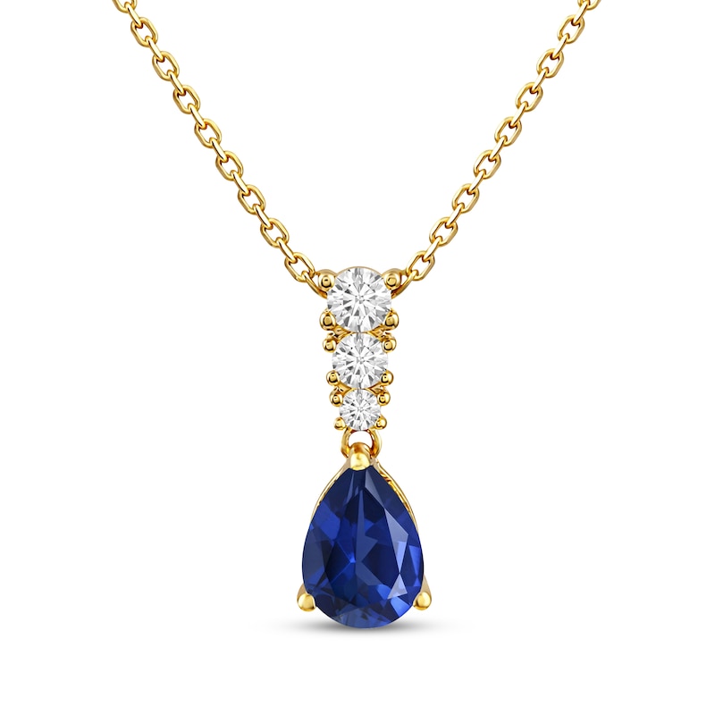 Main Image 1 of KAY Lab-Grown Diamonds Pear-Shaped Blue Lab-Created Sapphire Drop Necklace 1/10 ct tw 10K Yellow Gold 18"