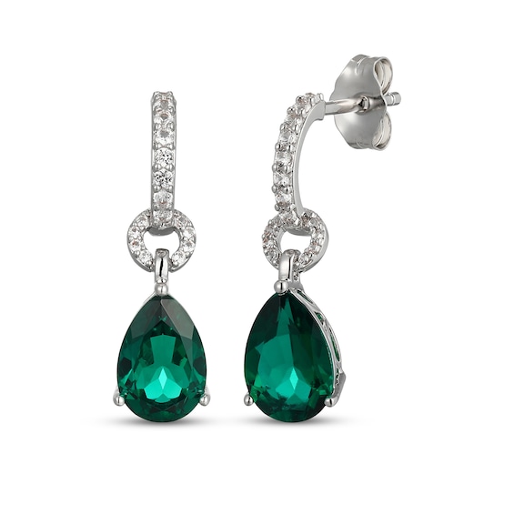 Pear-Shaped Lab-Created Emerald & White Lab-Created Sapphire Drop Earrings Sterling Silver