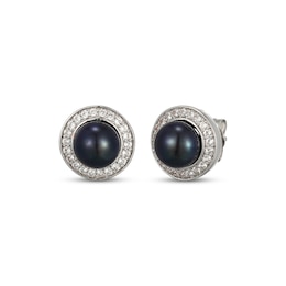 Dyed Black Cultured Pearl & White Lab-Created Sapphire Halo Stud Earrings Sterling Silver