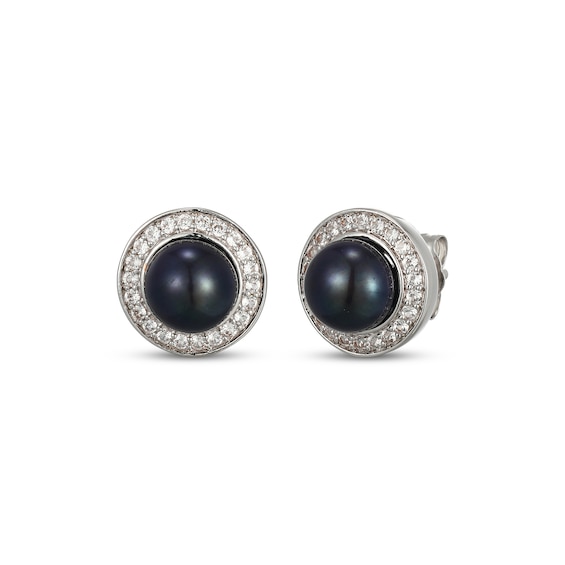 Dyed Black Cultured Pearl & White Lab-Created Sapphire Halo Stud Earrings Sterling Silver