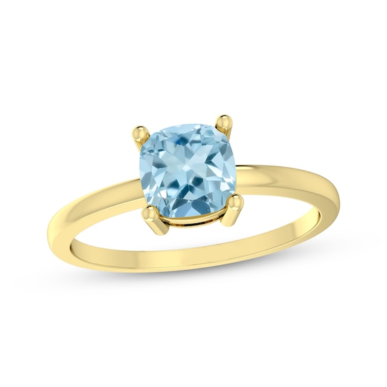 Cushion-Cut Natural Aquamarine Solitaire Ring 10K Yellow Gold