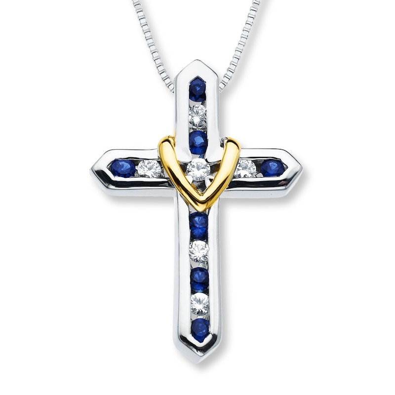 Main Image 1 of Cross Necklace Lab-Created Sapphire Sterling Silver/10K Gold
