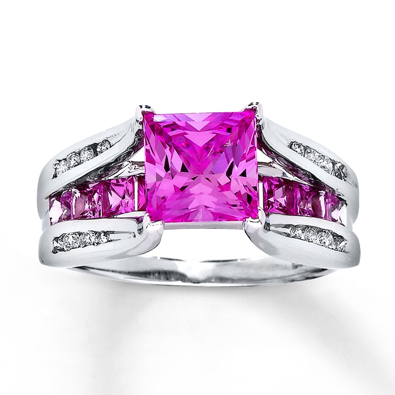 Main Image 1 of Lab-Created Sapphire Ring 1/8 ct tw Diamonds 10K White Gold