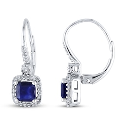 Sapphire Earrings 1/5 ct tw Diamonds 10K White Gold