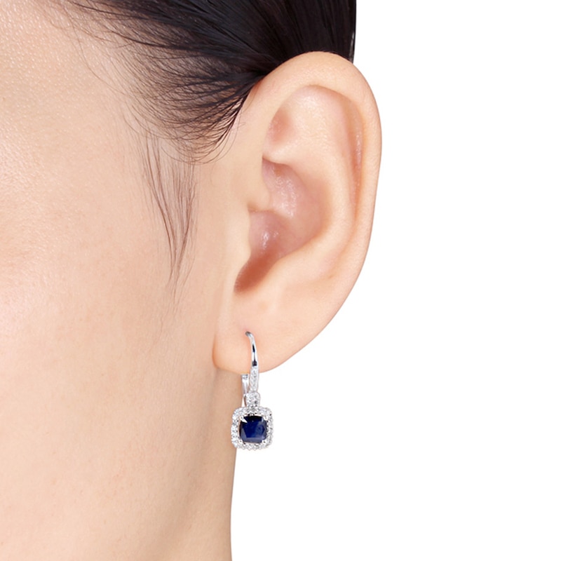 Sapphire Earrings 1/5 ct tw Diamonds 10K White Gold