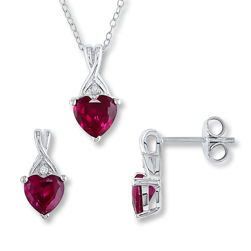 Main Image 1 of Lab-Created Ruby Gift Set Necklace & Earrings Sterling Silver