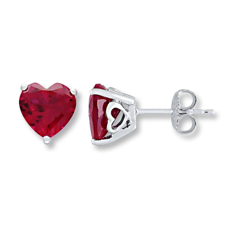 Main Image 1 of Heart Earrings Lab-Created Rubies Sterling Silver