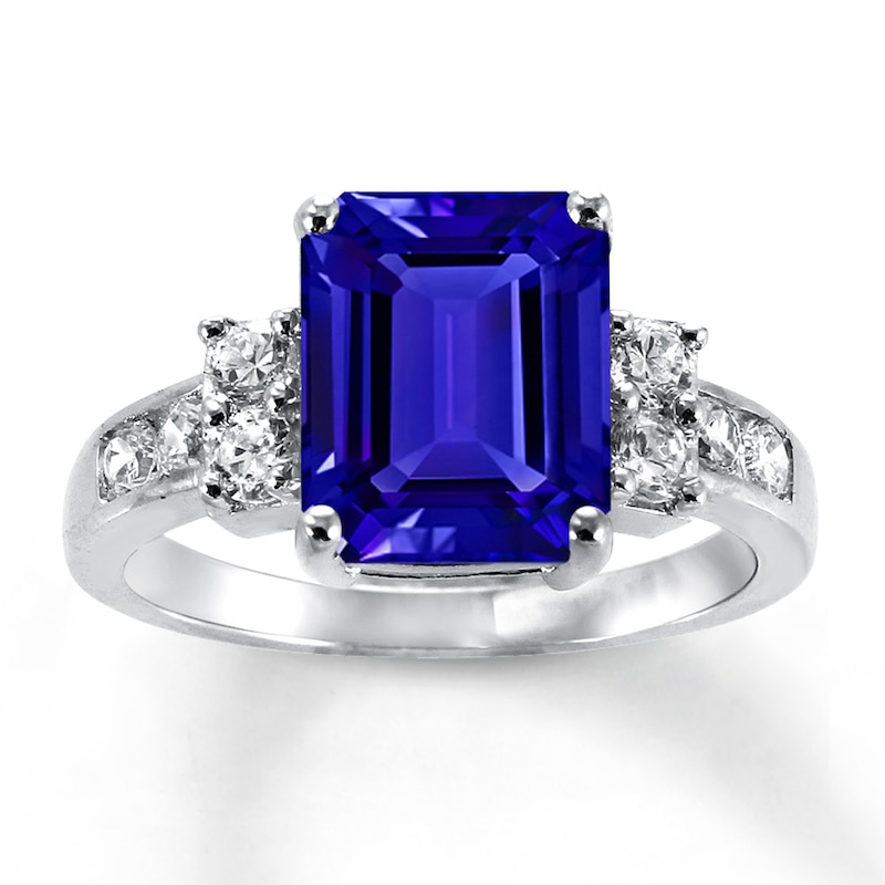 Main Image 1 of Lab-Created Sapphires Blue & White Ring Sterling Silver
