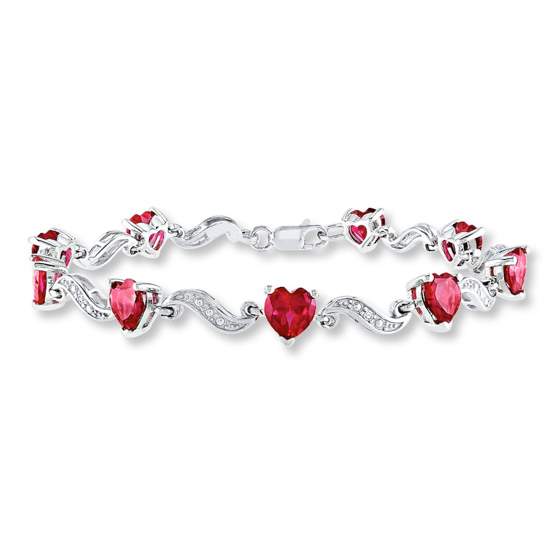Main Image 1 of Heart Bracelet Lab-Created Rubies and Diamond Accents Sterling Silver