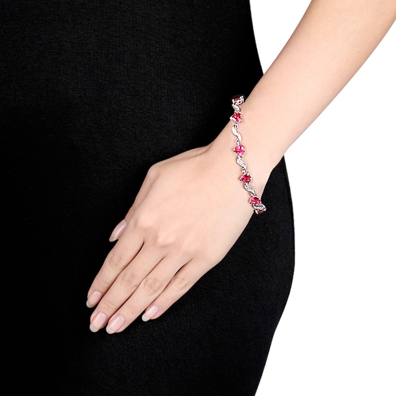 Main Image 2 of Heart Bracelet Lab-Created Rubies and Diamond Accents Sterling Silver