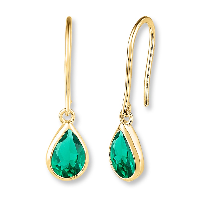 Main Image 1 of Lab-Created Emerald 10K Yellow Gold Drop Earrings