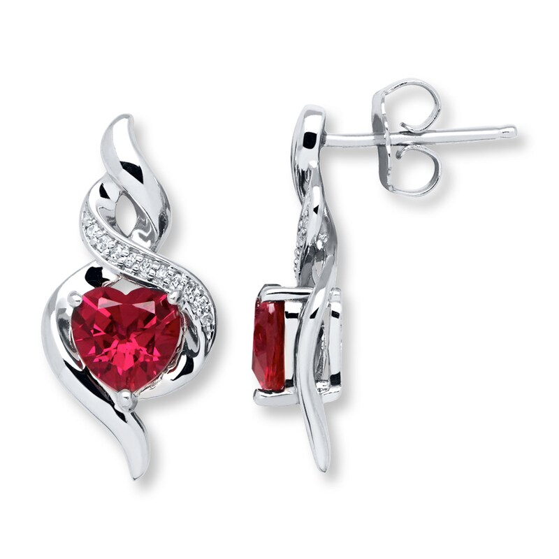 Main Image 1 of Diamond Heart Earrings Lab-Created Ruby Sterling Silver