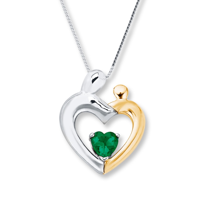 Mom/Child Necklace Lab-Created Emerald Sterling Silver/10K Gold