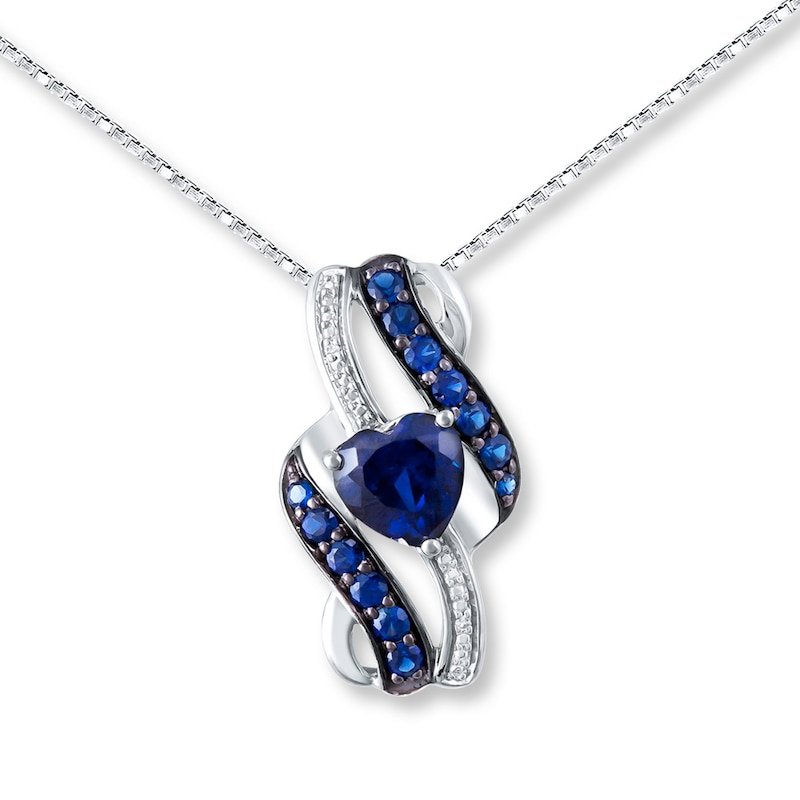 Main Image 1 of Lab-Created Sapphire Necklace Diamond Accents Sterling Silver