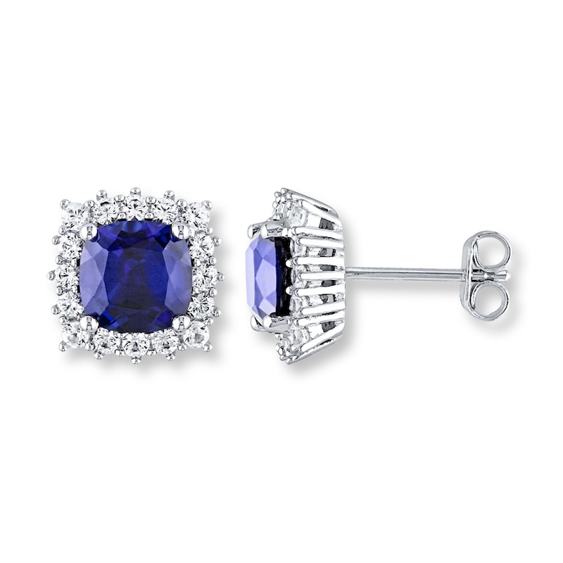 Sterling Silver 2.40 tcw 6mm Created Sapphire & Created White Sapphire Earrings