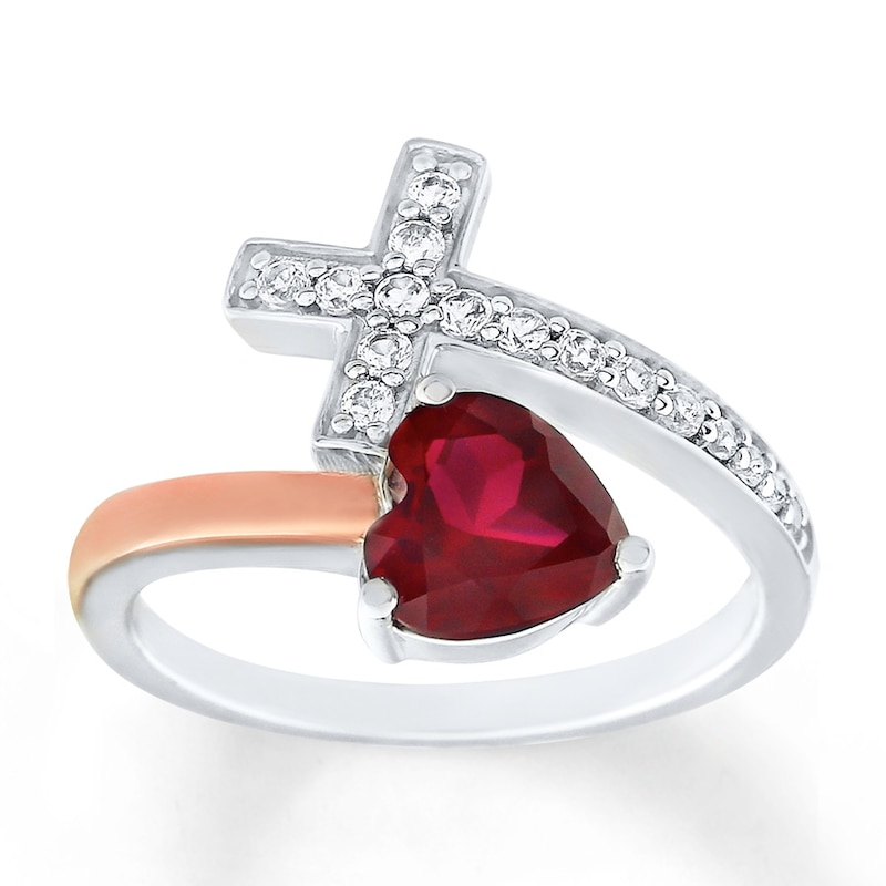 Main Image 1 of Heart Cross Ring Lab-Created Ruby Sterling Silver/10K Rose Gold