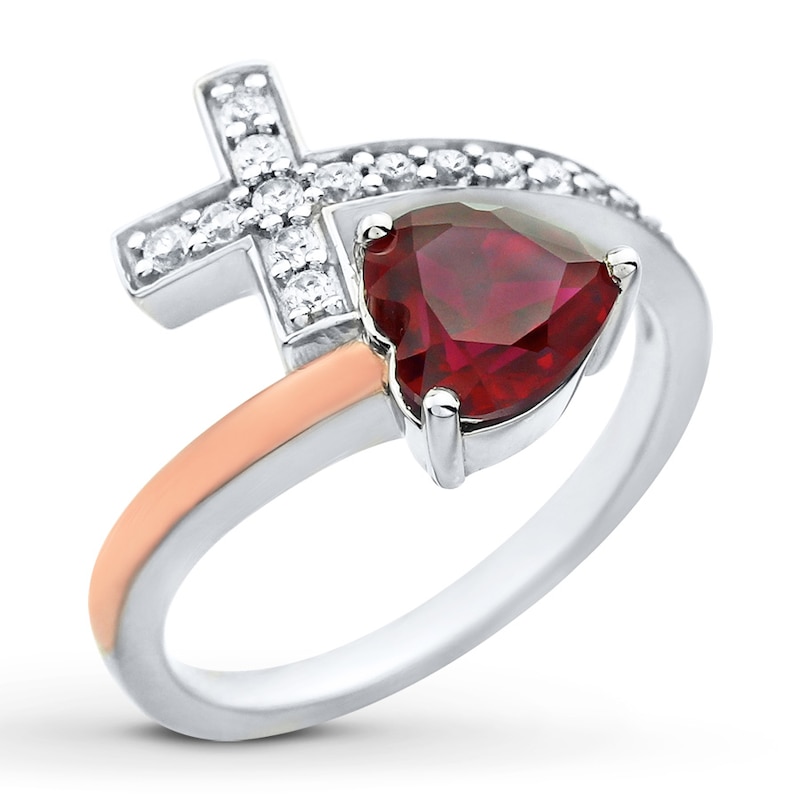 Main Image 4 of Heart Cross Ring Lab-Created Ruby Sterling Silver/10K Rose Gold