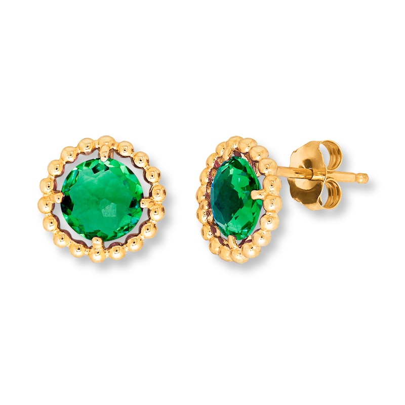 Main Image 2 of Lab-Created Emerald Earrings 10K Yellow Gold