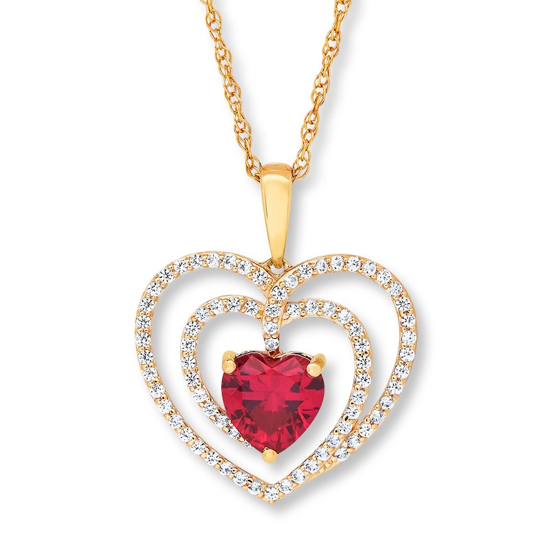 Main Image 1 of Lab-Created Ruby Heart Necklace 10K Yellow Gold