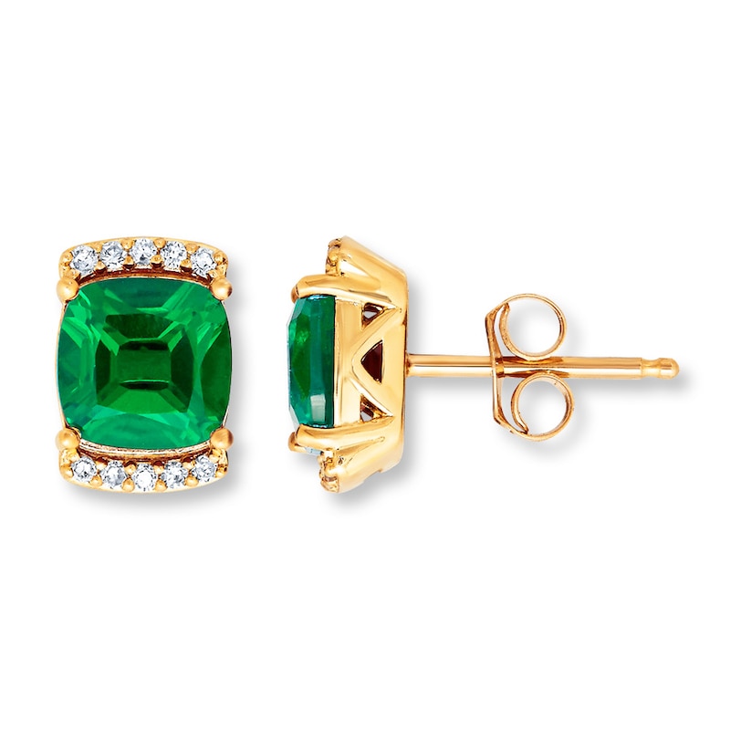 Lab-Created Emerald Earrings 1/10 cttw Diamonds 10K Yellow Gold