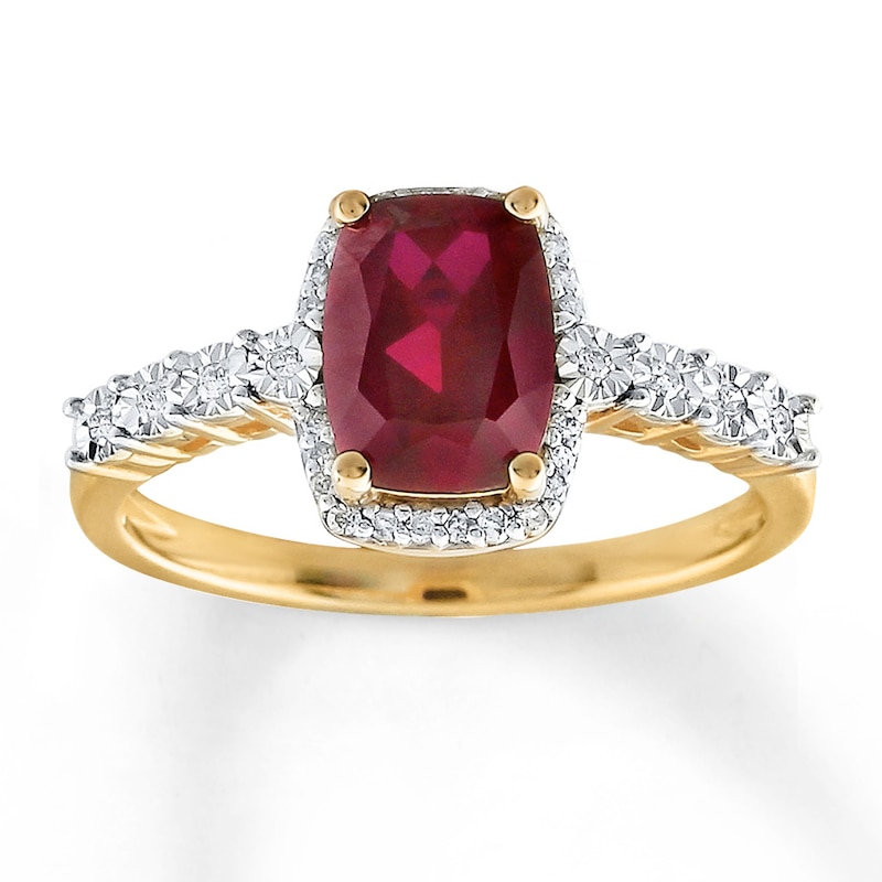 Main Image 1 of Lab-Created Ruby Ring 1/10 ct tw Diamonds 10K Yellow Gold