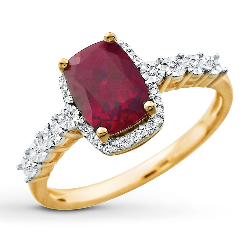 Lab-Created Ruby Ring 1/10 ct tw Diamonds 10K Yellow Gold