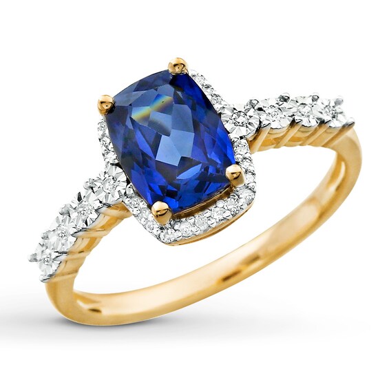 LabCreated Sapphire Ring 1/10 ct tw Diamonds 10K Yellow