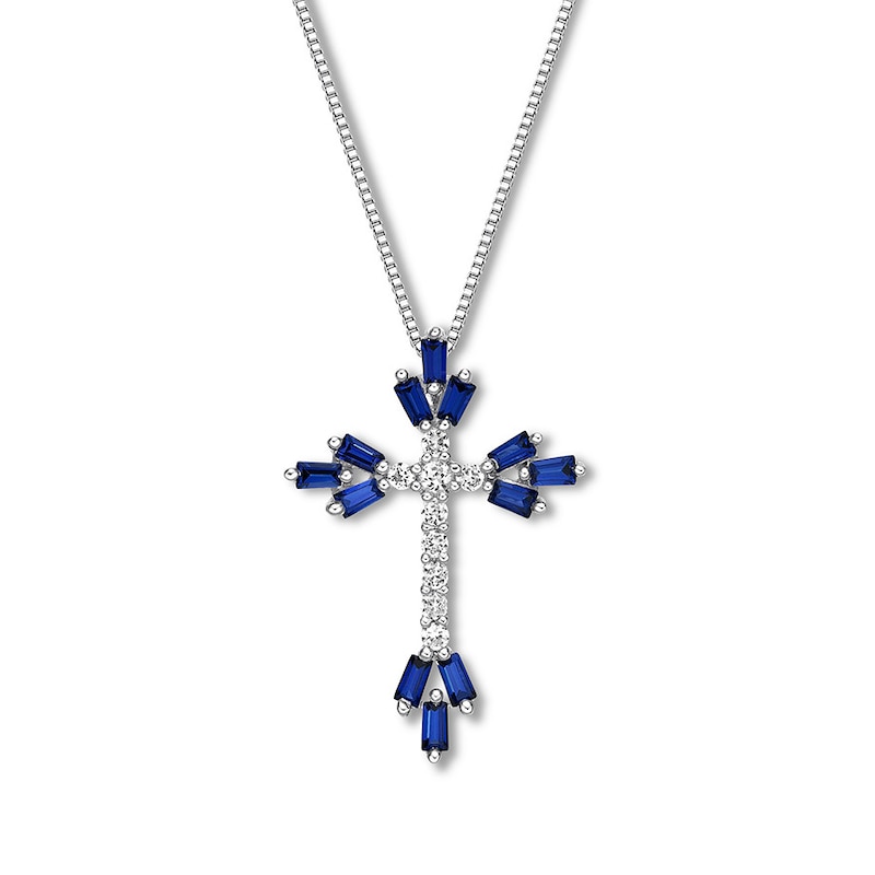 Cross Necklace Blue/White Lab-Created Sapphires Sterling Silver